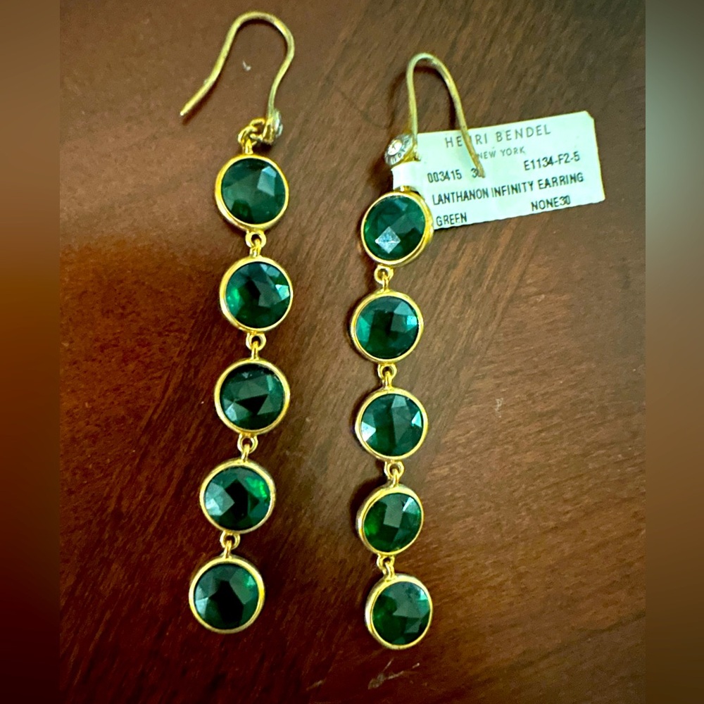 Vintage Henri Bendel Gold Tone and Green Crystal Drop Pierced Earrings NWT